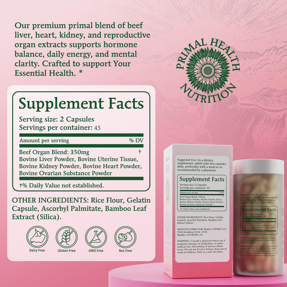 Close-up of grass-fed beef organ capsules