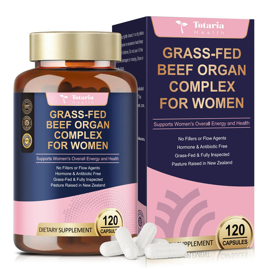Beef Organ Supplement for Women bottle on white background with grass-fed label