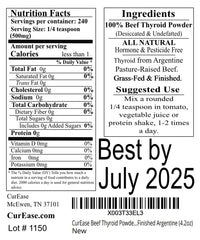 Label showing 500 mg per serving of Beef Thyroid Powder