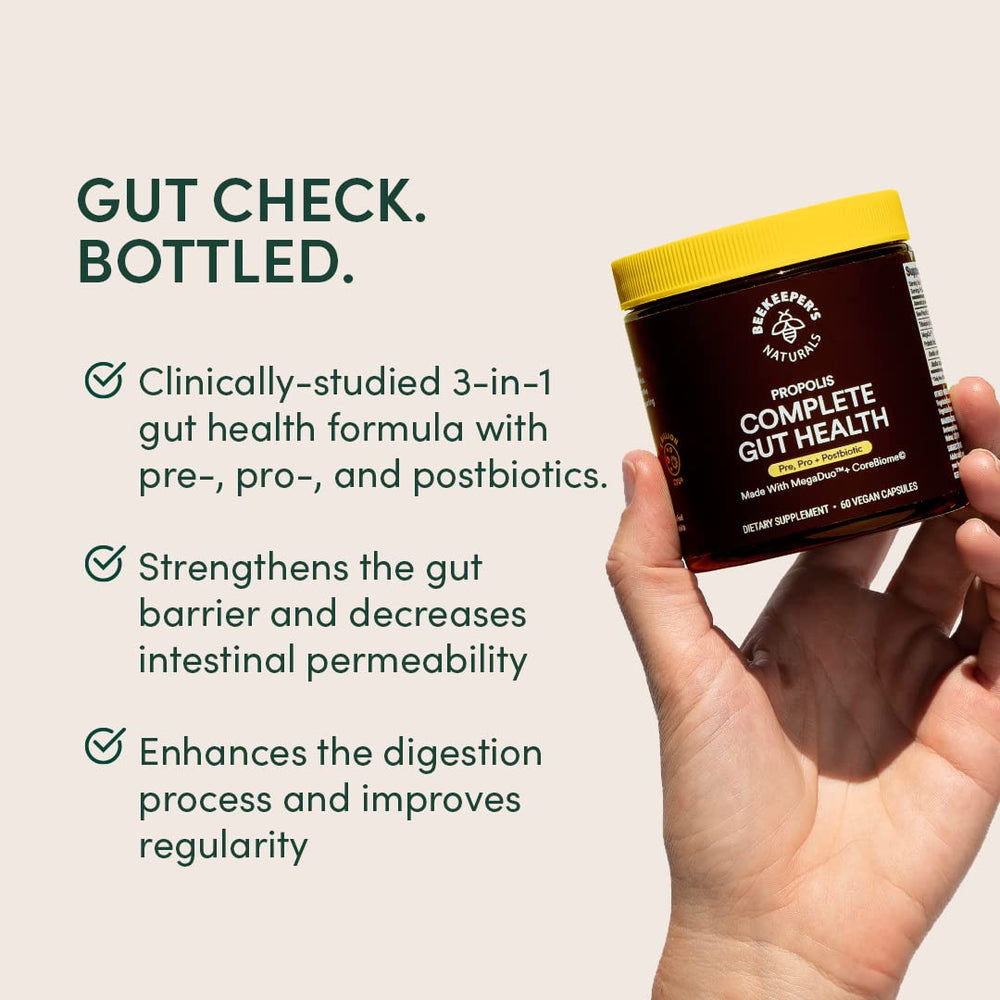 Beekeeper's Naturals Complete Gut Health bottle pour, convenient daily intake