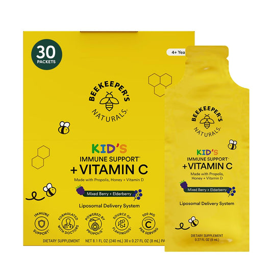 Beekeeper's Naturals Kid's Immune Liposomal Vitamin C label on berry flavor sachet