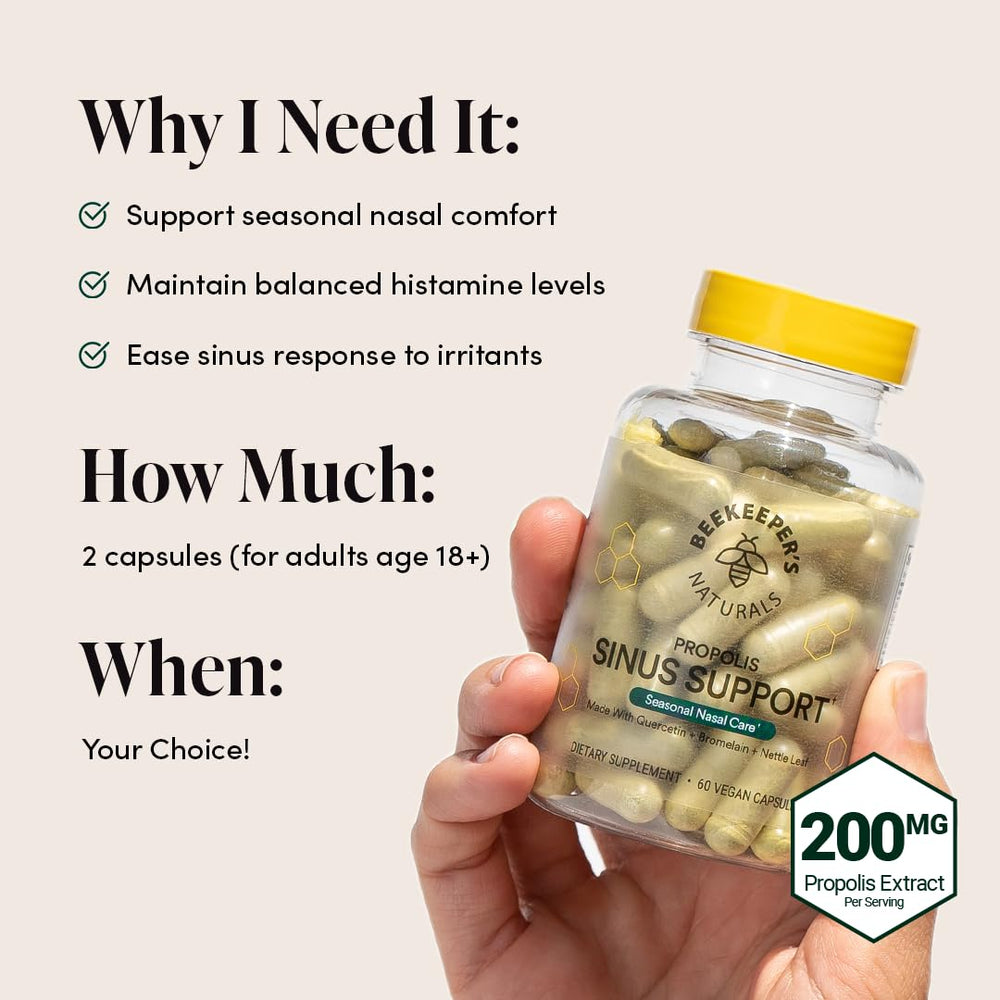 Beekeepers Naturals propolis-quercetin-bromelain blend helps support seasonal comfort.