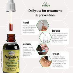 Close-up of Beelife Brazilian Green Propolis Extract bottle label showing 15% Artepillin-C