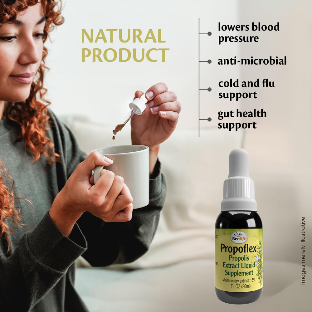 Beelife Green Propolis extract dropper highlighting high Artepillin-C content