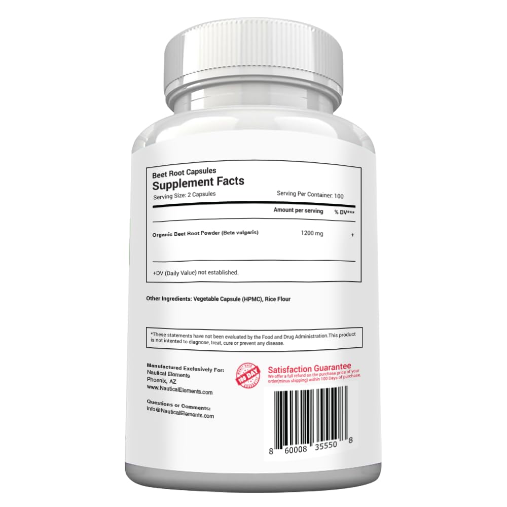 Close-up of beet root powder capsules and ingredients