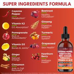Beet root powder and cayenne pepper liquid drops (2oz) for daily wellness.
