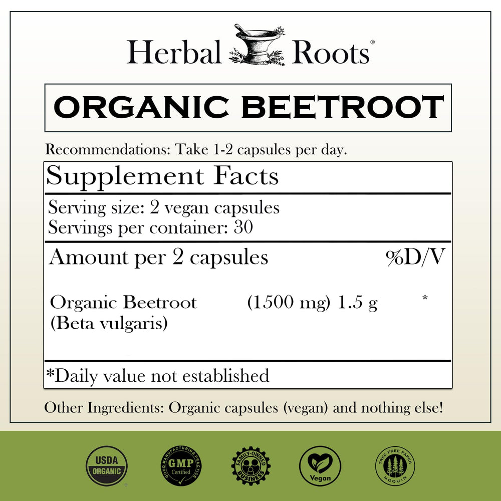 Organic beetroot powder capsules showing USDA Organic certification