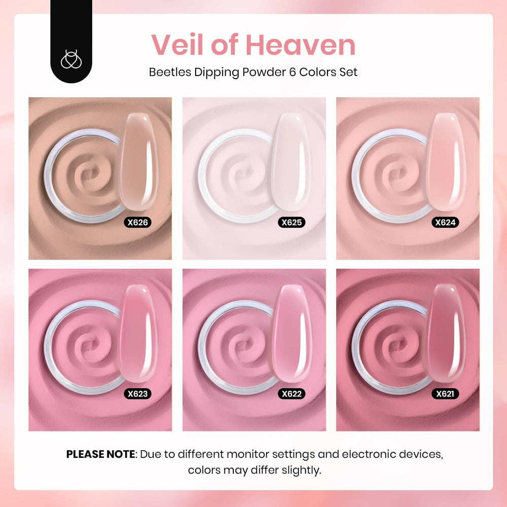 Beetles Pink Dip Powder Kit swatches show nude-pink options for easy styling.