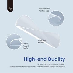 Beetles PMMA nail tips size 0-9 arranged for a precise fit.