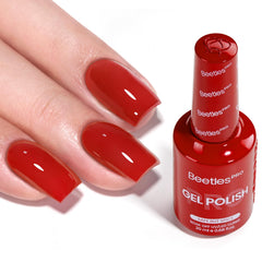 Beetles Pro red gel polish bottle cap shows a bold burgundy shade for refined nails.