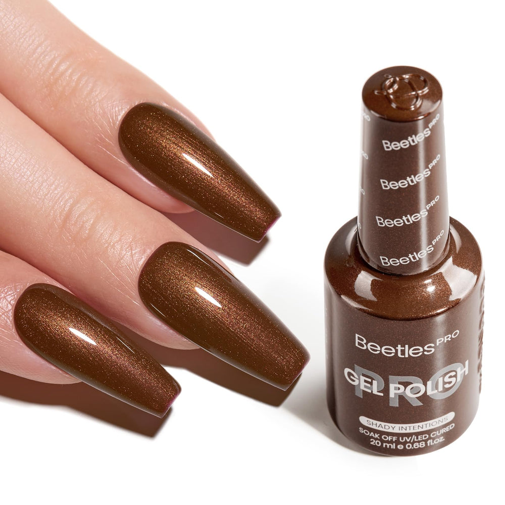 Beetles Pro Shady Intentions bottle shows dark brown shimmer for salon-quality nails.