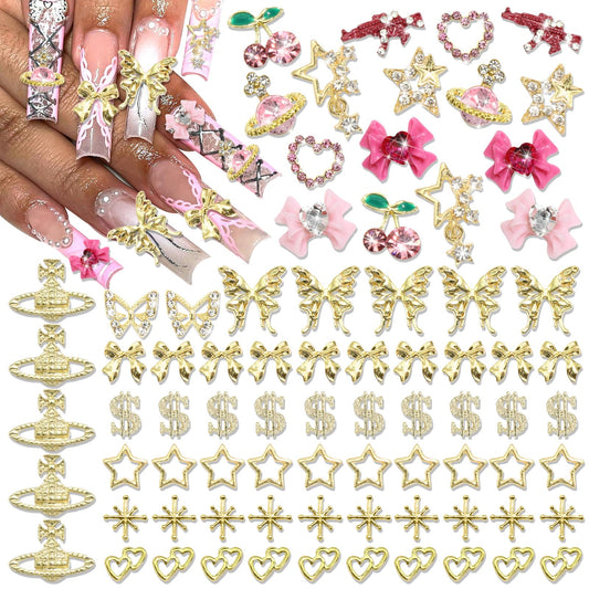 BELICEY 78Pcs 3D nail charms with gold star for dazzling nail accents.