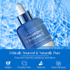 Bella Beauty Hyaluronic Acid Serum ingredients visual highlighting hydration and Vitamin C.