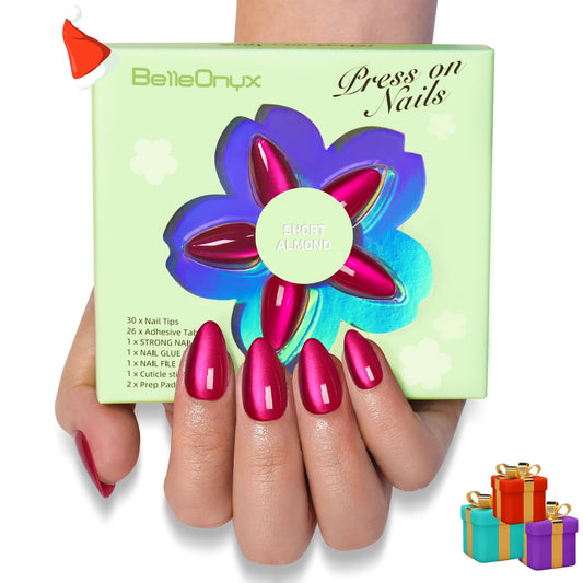 BelleOnyx press-on nails in hot pink cat-eye finish for quick, chic nails.