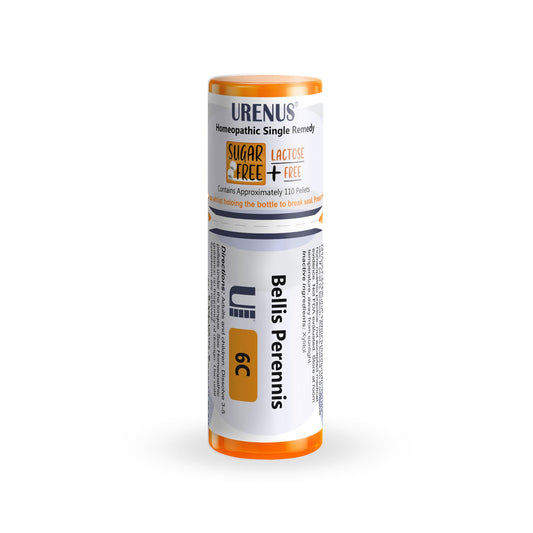 Front view of Bellis Perennis 6C sugar-free lactose-free homeopathic remedy bottle with 110 pellets