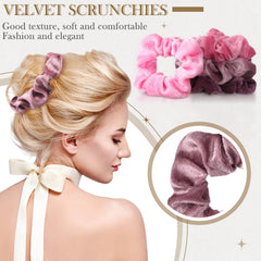 Bememo velvet scrunchie in hand demonstrates easy stretch to fit hair.