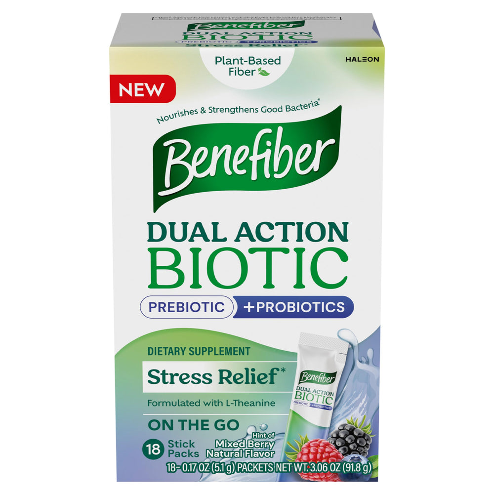 Front of Benefiber Dual Action Biotic Plus Stress Relief box, 18 count