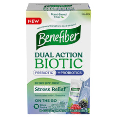 Front of Benefiber Dual Action Biotic Plus Stress Relief box, 18 count