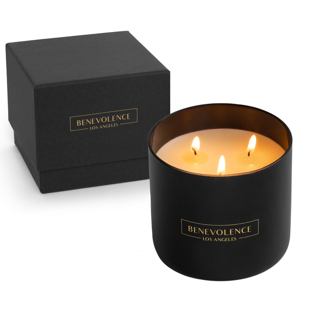 Front label of Benevolence LA Bergamot Jasmine 3-Wick Candle