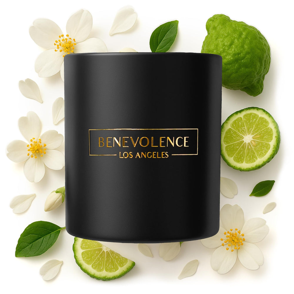 Benevolence LA Bergamot & Jasmine 8oz black soy candle front view