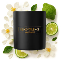Benevolence LA Bergamot & Jasmine 8oz black soy candle front view