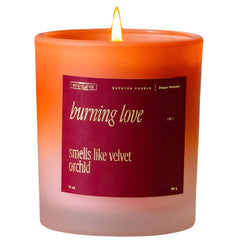 Burning Love Velvet Orchid scented candle, 10 oz in clear glass jar