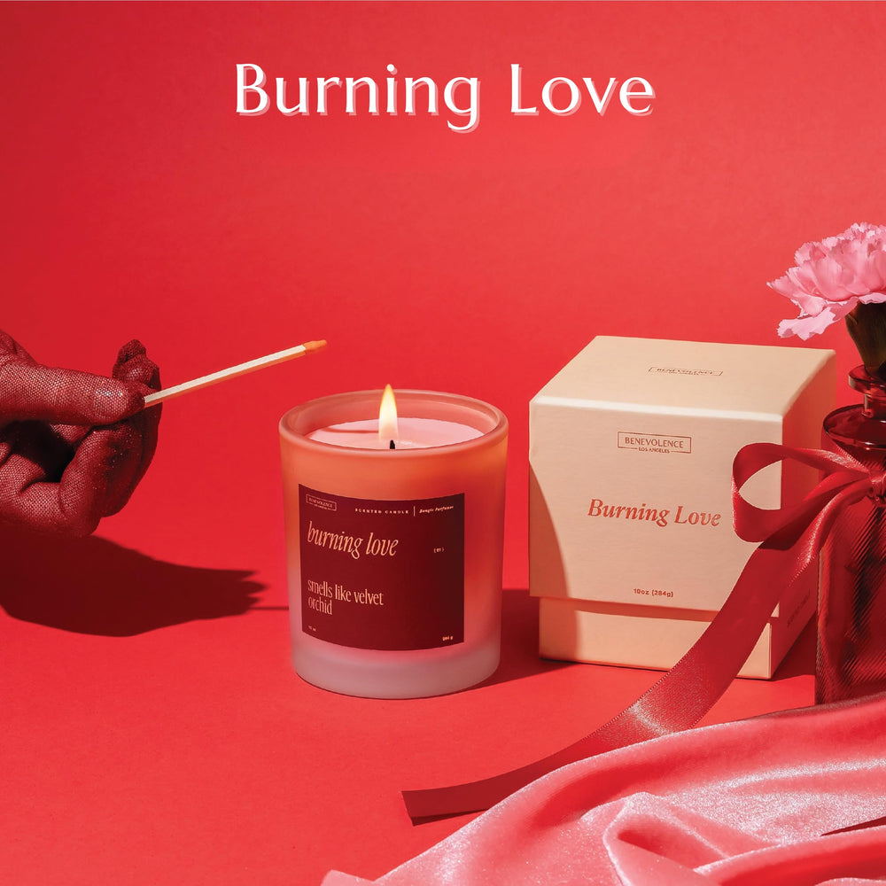 Velvet orchid label close-up on Burning Love candle