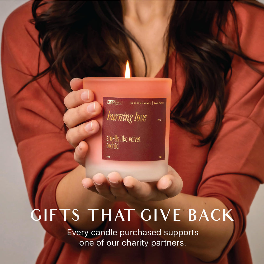 Gift-ready Burning Love candle with donation note