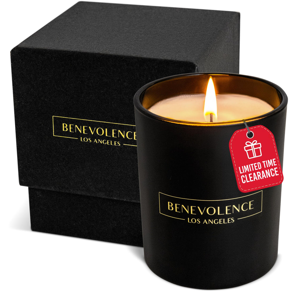 Benevolence LA Clearance Candle Rose & Sandalwood 6oz front view in matte black vessel