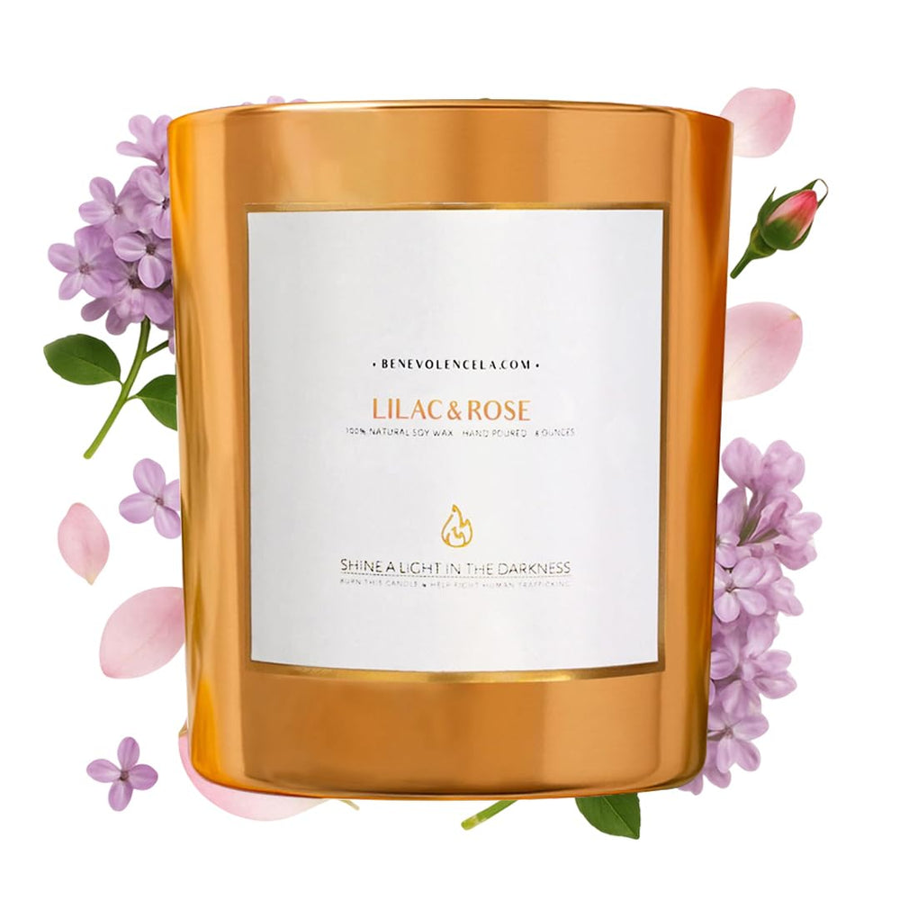 Benevolence LA Lilac and Rose Wood Wick Candle 8oz label and wooden wick