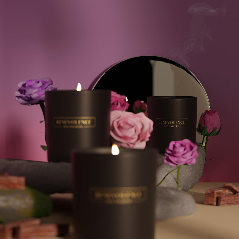 Close-up of the 8oz Rose & Sandalwood candle with black jar