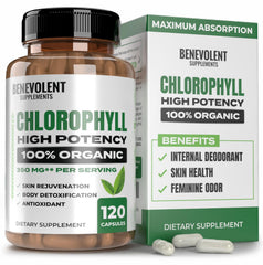 Front view of Benevolent Chlorophyll Capsules bottle with 120 capsules