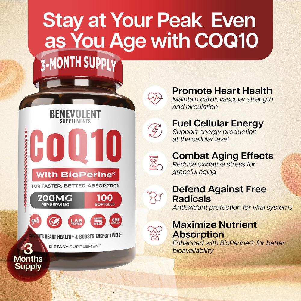 Close-up of Benevolent CoQ10 200mg softgels