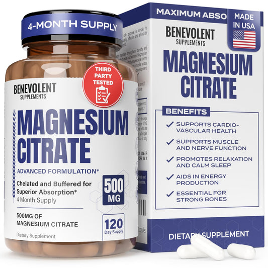 Bottle of Benevolent Magnesium Citrate 500mg veggie capsules