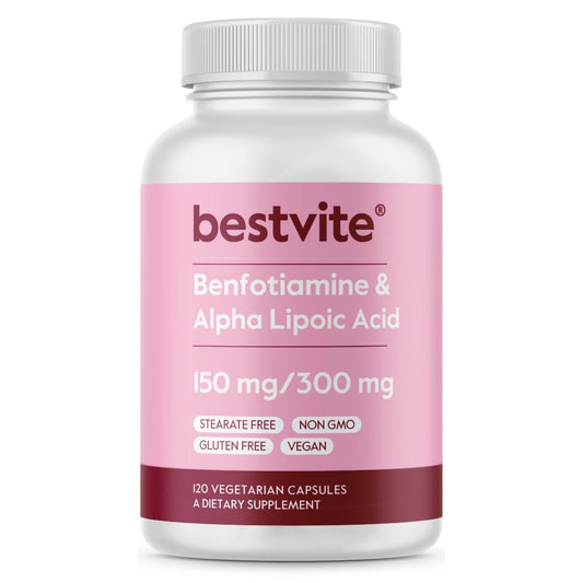 Bottle of Benfotiamine 150mg + Alpha Lipoic Acid 300mg capsules