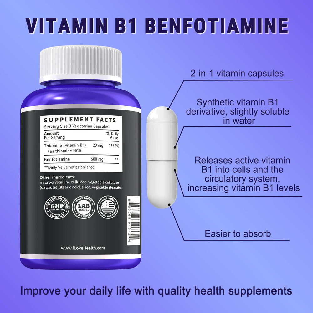 Close-up of benfotiamine 600mg and 20mg Vitamin B1 capsules