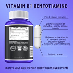 Close-up of benfotiamine 600mg and 20mg Vitamin B1 capsules