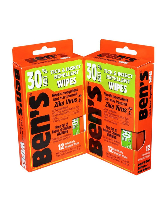 Ben's 30% Deet wipes packaging shows outdoor protection on the go