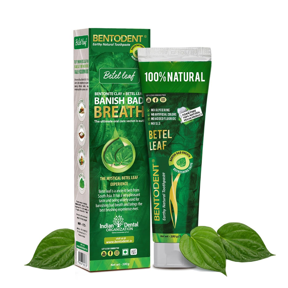 Bentodent fluoride-free remineralizing toothpaste bottle with Betel Leaf packaging