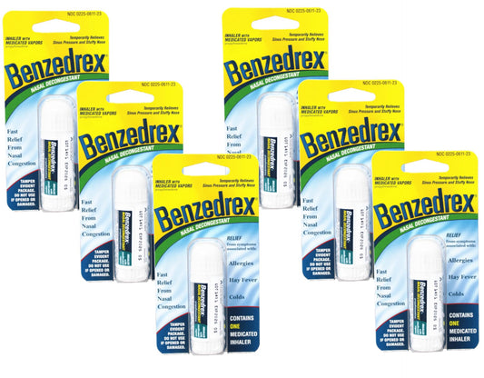 Benzedrex inhaler pack of 6 box shows convenient relief for nasal congestion.