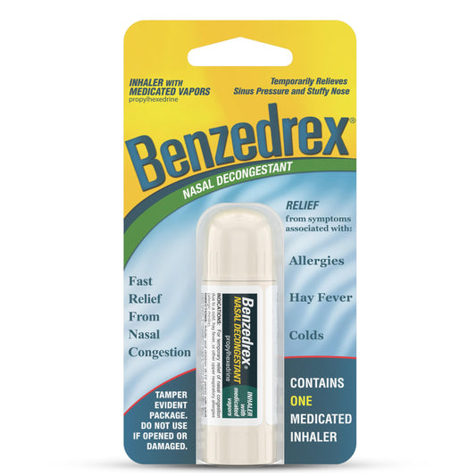 Benzedrex inhaler packaging shown for travel-friendly nasal relief.