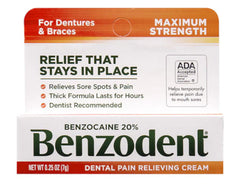 Close-up of Benzodent cream tube for sore denture spots