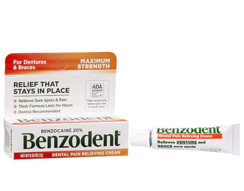 Applying Benzodent cream to denture sore area