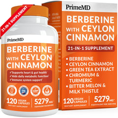 Bottle of 21-in-1 Berberine supplement with cinnamon and green tea extract