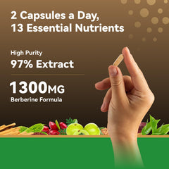 Nutritional label for Berberine 1300mg supplement with immune support ingredients
