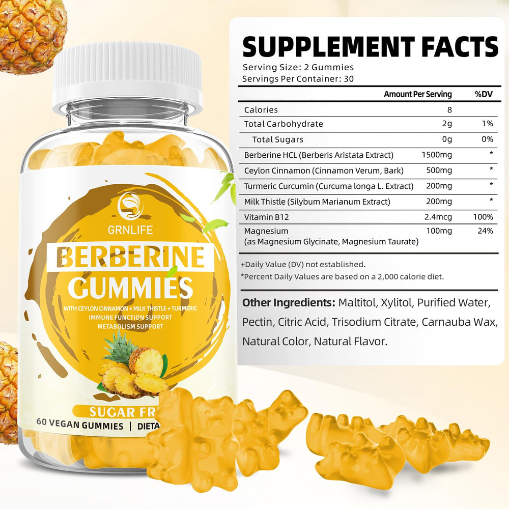 Label showing pineapple flavor and sugar-free formula for Berberine Cinnamon Gummies