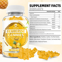 Label showing pineapple flavor and sugar-free formula for Berberine Cinnamon Gummies