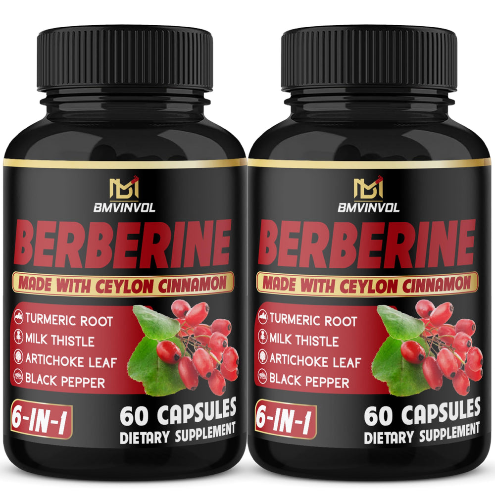 Close-up of Berberine supplement capsules with Cinnamon, Turmeric, Artichoke, Milk Thistle and Black Pepper