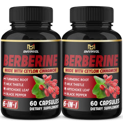 Close-up of Berberine supplement capsules with Cinnamon, Turmeric, Artichoke, Milk Thistle and Black Pepper