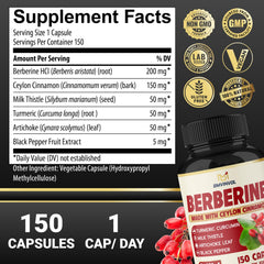 Berberine bottle with label and 150-count packaging